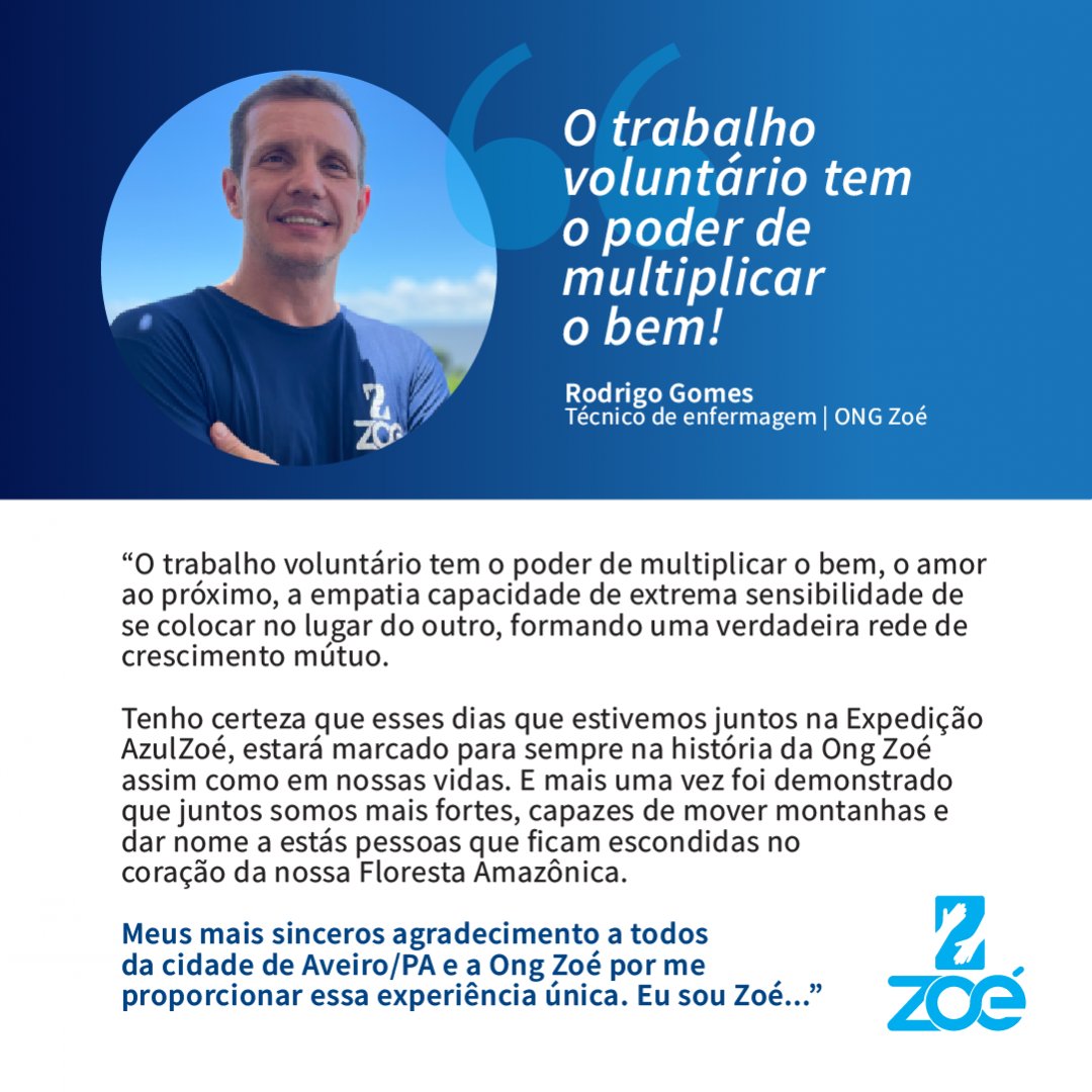 "O trabalho voluntário tem o poder de multiplicar o bem!

Rodrigo Gomes
Técnico de enfermagem | ONG Zoé

#ongzoe.oficial
#cuidandodequemcuidadafloresta
#voluntariado
#sejaumvoluntario
#vemcomazoé
#partiuexpedicao
#depoimentos