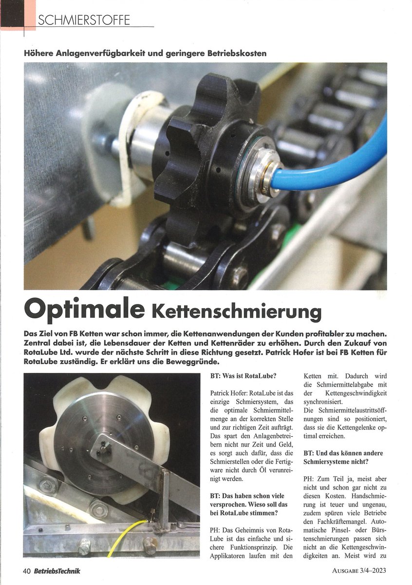 FbMbh's tweet photo. Warum Sie mit dem RotaLube-Schmiersystem der Umwelt Gutes tun und dabei auch noch Energie, Schmiermittel und somit Geld sparen ...    

... erklärt Ihnen RotaLube-Spezialist Patrick Hofer in der Zeitschrift Betriebstechnik (Ausgabe 3/4 2023)     #rotalube #kettenschmierung https://t.co/nvLqQ6INwt