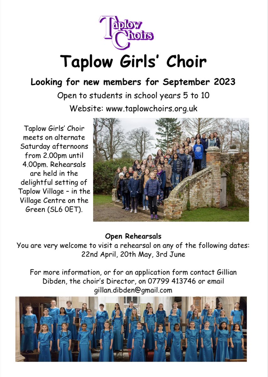 Do you know any girls in school years 5-10 that would like to join the wonderful @TaplowChoirs? Do find out more at their open rehearsals over the next couple of months👇 My daughter loves being a Taplow Girl 🙌