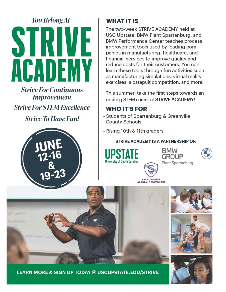learnwsam's tweet photo. Amazing opportunity for rising high school sophomores and juniors sponsored by @USCUpstate, @BMWGroup and SAM.
Share with your networks!
#learnwithsam
#continuousimprovement
#stem https://t.co/ra6UjoEKDs