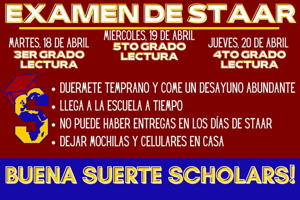 scholarpride's tweet image. 3rd, 4th, and 5th grade students will be taking Reading STAAR this week! Please get some rest, do not stress, and do your best! #STAARtest