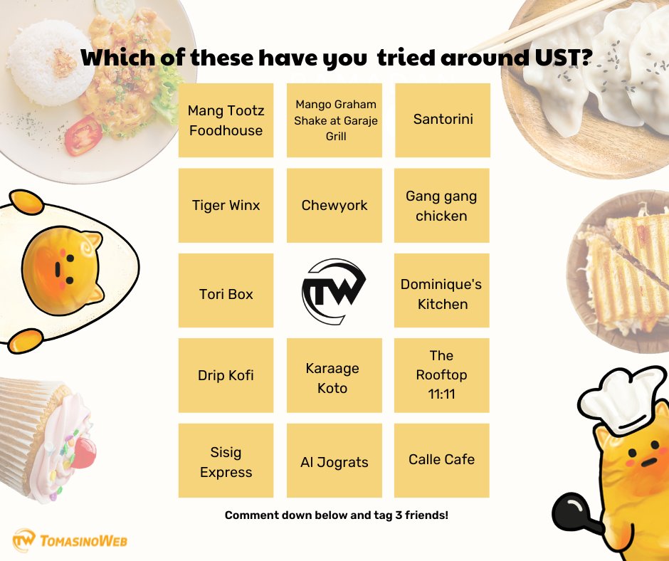 TomasinoWeb's tweet photo. “Uy! Doon na lang tayo sa ____!”

As Thomasians 🐯, we are not only known by our standing in sports, humor, and titles but we are also known for our various food selections in, out, and around our campus! 🍕🍔

Which of these food spots have you tried with your barkada? 🤩 https://t.co/w9eUUxrlPJ