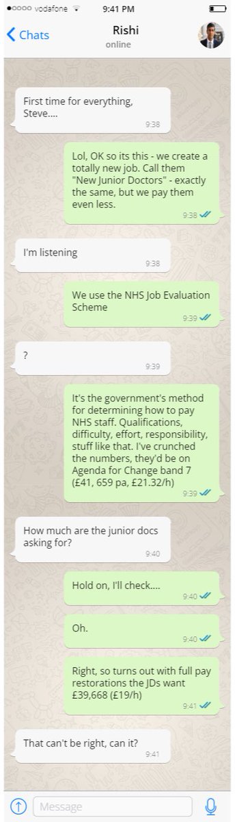 🚨 🚨 🚨 Another leaked* WhatsApp! If doctors were on agenda for change, the pay increase would dwarf full pay restoration. The government KNOW they are undervaluing you - their OWN method proves this is the case. And they call us unreasonable. * this is a PARODY.