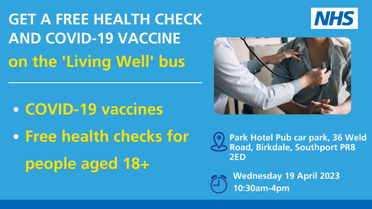 The Living Well bus is stopping in Southport this Wedensday 🚌

Get a free health check and your COVID-19 vaccine including Spring Boosters (if eligible) from 10:30am-4pm.

No appointment needed.

<a href="/SeftonPartners/">Sefton Partnership</a> <a href="/HWatchSefton/">Healthwatch Sefton</a> <a href="/LWSefton/">Living Well Sefton</a>