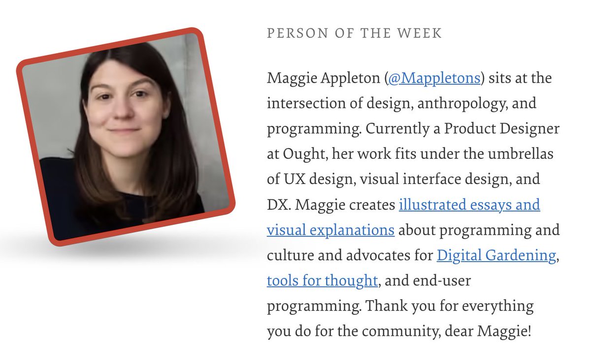 Our Person of the Week is a Product Designer working at the intersection of design, anthropology, and programming. Please give a warm round of applause for... Maggie Appleton!

Thank you for everything you do for the community, dear @Mappletons!

#smashingcommunity