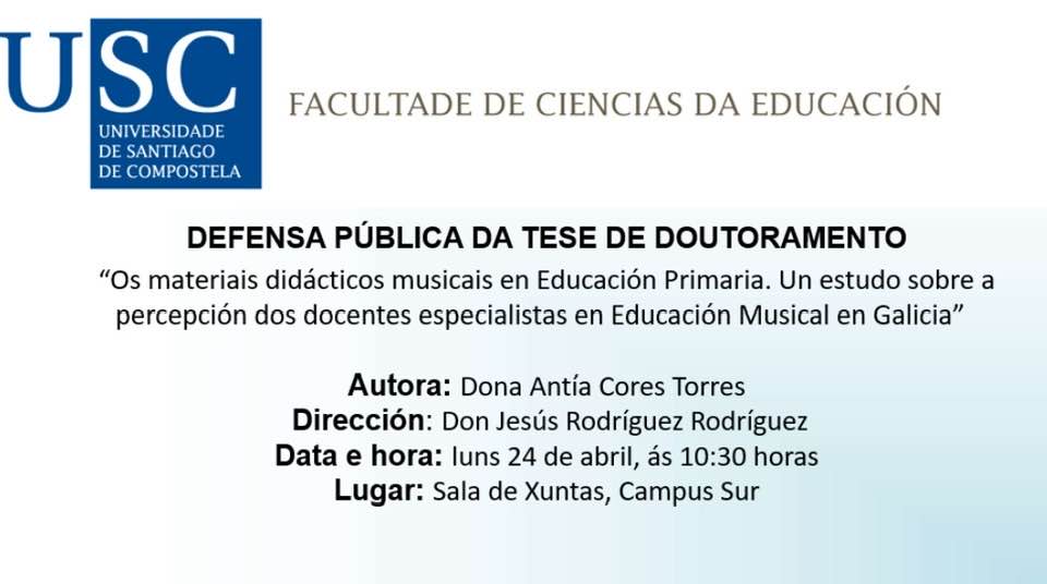 GrupoStellae's tweet photo. O próximo luns 24 de abril ás 10:30 defenderase a Tese OS MATERIAIS DIDÁCTICOS MUSICAIS EN EDUCACIÓN PRIMARIA. UN ESTUDO SOBRE A PERCEPCIÓN DOS DOCENTES ESPECIALISTAS EN EDUCACIÓN PRIMARIA EN GALICIA. Elaborada  por ANTÍA CORES TORRES e coa dirección de Jesús Rodríguez Rodríguez https://t.co/xpREy4uyh2