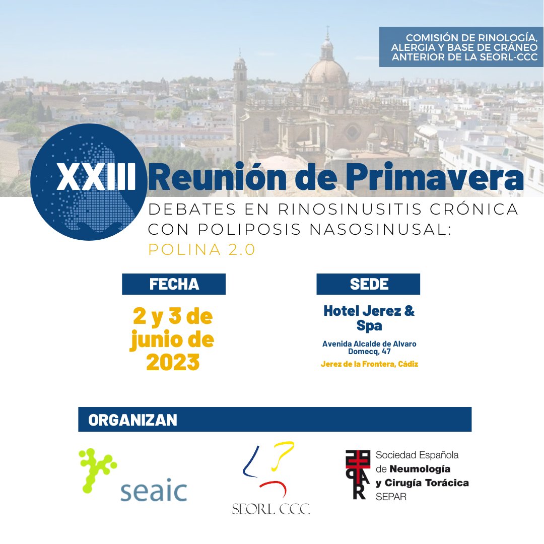 🔴XXIII Reunión de Primavera de la Comisión de Rinología, Alergia y Base de Cráneo Anterior

📆2 y 3 de junio en Jerez de la Frontera (Cádiz)

📑Este viernes finaliza el plazo de recepción de resúmenes.

Toda la información sobre el envío de resúmenes aquí
seorl.net/comision-de-ri…