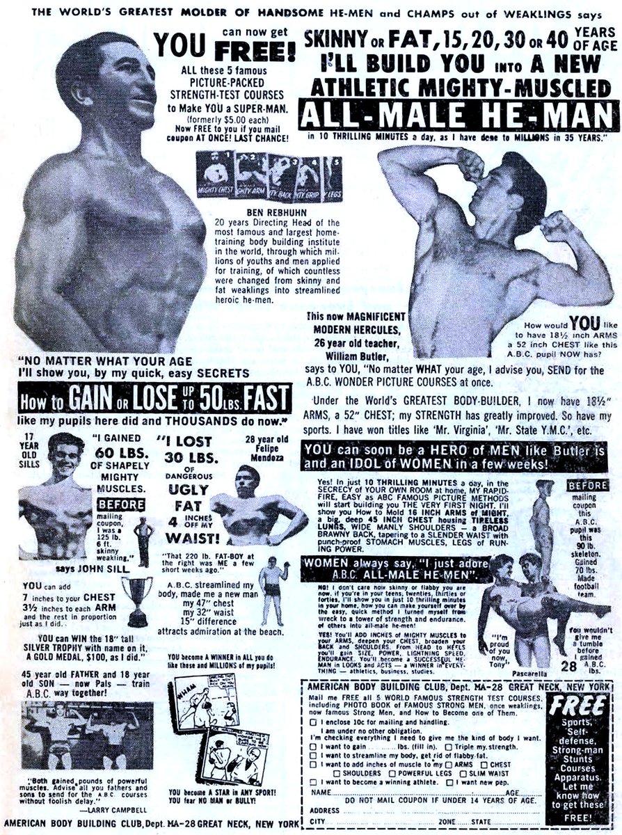 comicbookads's tweet photo. American Body Building Club Ad 1961
I'LL BUILD YOU INTO A NEW ATHLETIC MIGHTY-MUSCLED ALL-MALE-HE-MAN
#comicbookads #bodybuilder https://t.co/YW1UzdG9L1