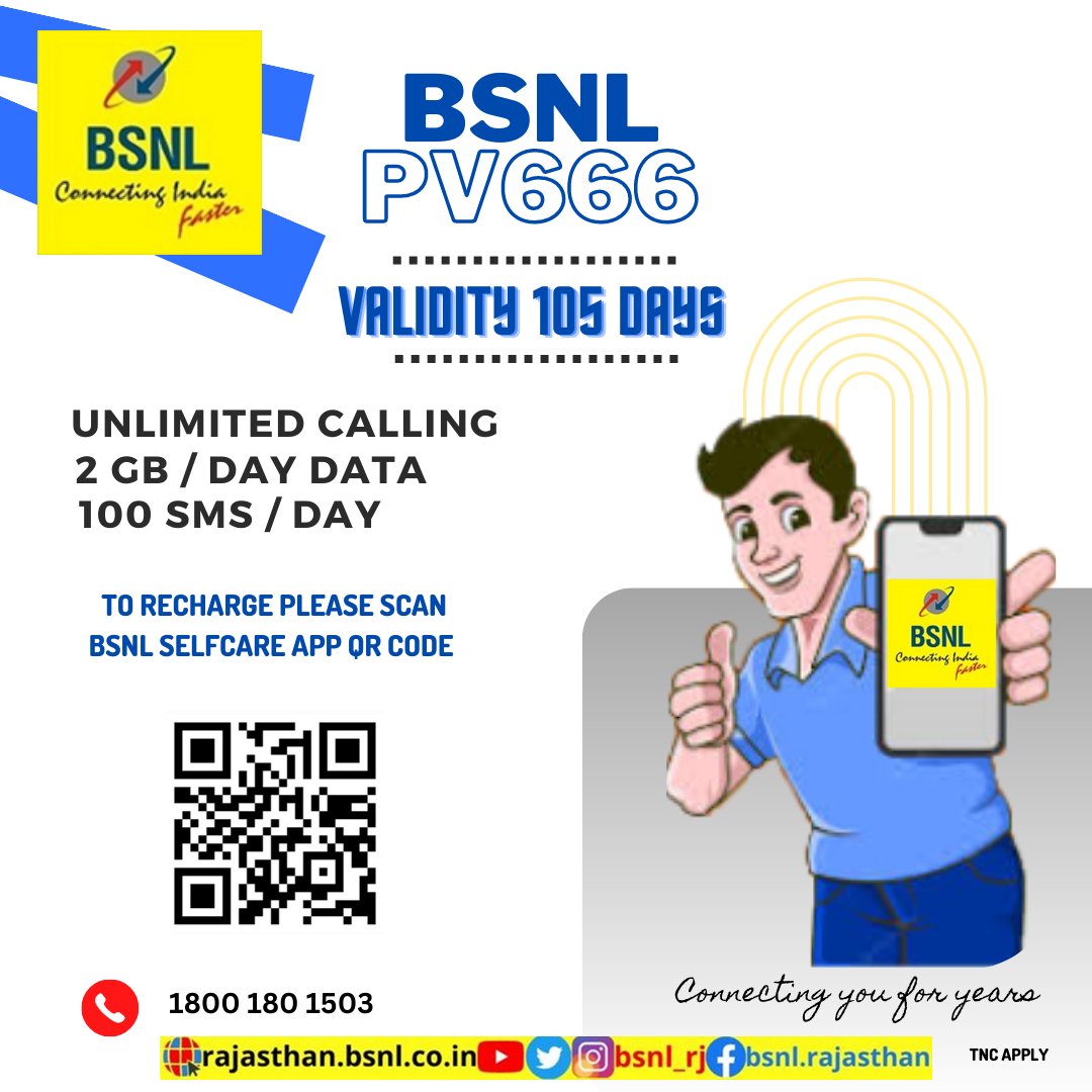 BSNL_RJ's tweet photo. Enjoy #UnlimitedCalling, 2GB/Day data and 100 SMS/Day for 105 days. 
#RechargeOnline with #BSNL #PV666 today:- https://t.co/tR0ukBoJoC
#BSNLRecharge #AffordableRecharge #BSNLRJ_Mobile https://t.co/nLbl4nRjRo