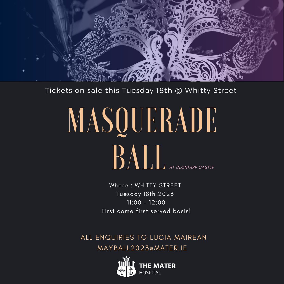 Last chance to buy tickets for the Mater Masquerade Ball!!  Tickets on sale Tuesday 18th April 11-12 on Whitty Street 🥳 @MaterTrauma @ClontarfCastle @ThePillarDublin @heeryd @MaterNursing @Matersurgery @LeanMater @MaterHSCPs @MaterLearning @TheMaterFoundat @MaterTVNs  💃