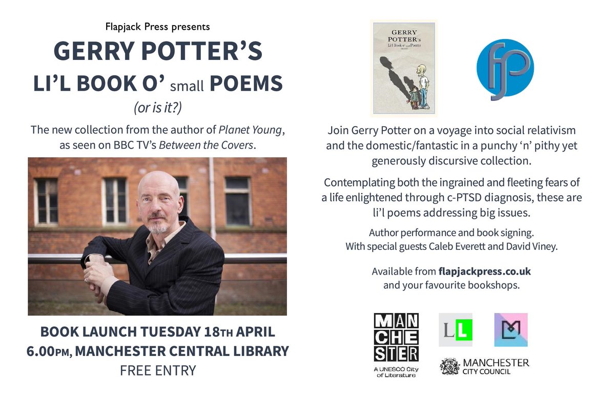 Join us on Tues 18 April for the book launch of @GerryPoetry's Li'l Book o' small Poems (or is it?). 6pm start at Manchester Central Library and free entry. Author performance and book signing - plus special guests. @MCRCityofLit @MancLibraries #poetry #LGBTQIA #PTSD #spokenword