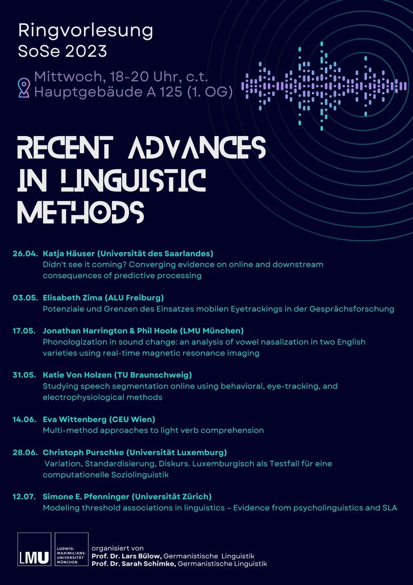 Ab 26. April 2023 starten wir mit unserer Ringvorlesungsreihe mit dem Thema „Recent Advances in Linguistics Methods“. Alle sind herzlich eingeladen!
⏰ Mittwoch 18–20 Uhr c.t.
📍 Hauptgebäude A 125 (1. OG)