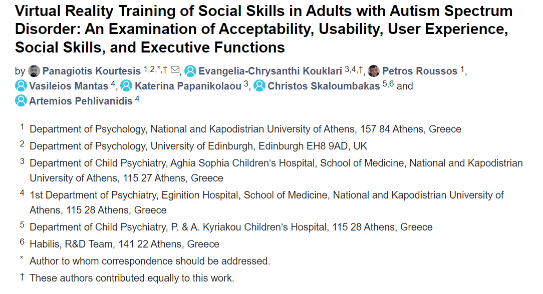 #Virtual Reality Training of Social Skills in Adults with Autism Spectrum Disorder: An Examination of Acceptability, Usability, User Experience, Social Skills, and #Executive Functions mdpi.com/2251204 #mdpibehavsci via <a href="/Behavsci_MDPI/">Behavioral Sciences MDPI</a> 
#Cognition #psychology #SSCI