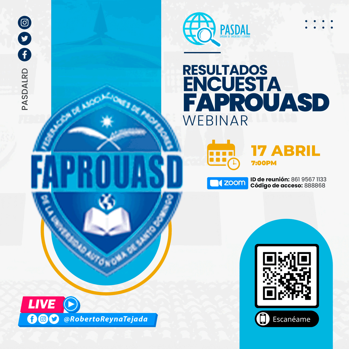 pasdalrd's tweet image. Hoy desde #PASDALRD presentamos los resultados de la más reciente encuesta realizada, en la que conocemos la simpatía del profesorado de cara a las #EleccionesDeFaprouasd

7:00pm por nuestras redes sociales y las de Roberto Reyna. #EncuestaFAPROUASD