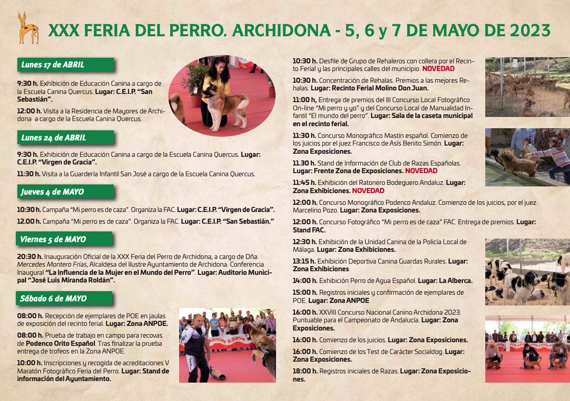 FeriadelPerro's tweet photo. 30ª #FeriadelPerro 🐕🐩 de #Archidona

🗓️ 5, 6 y 7 de mayo de 2023.

📲 https://t.co/Vn6gnpw0w7

Consulta la programación oficial completa 👇🏼 https://t.co/rWBZ1Ly0Jq