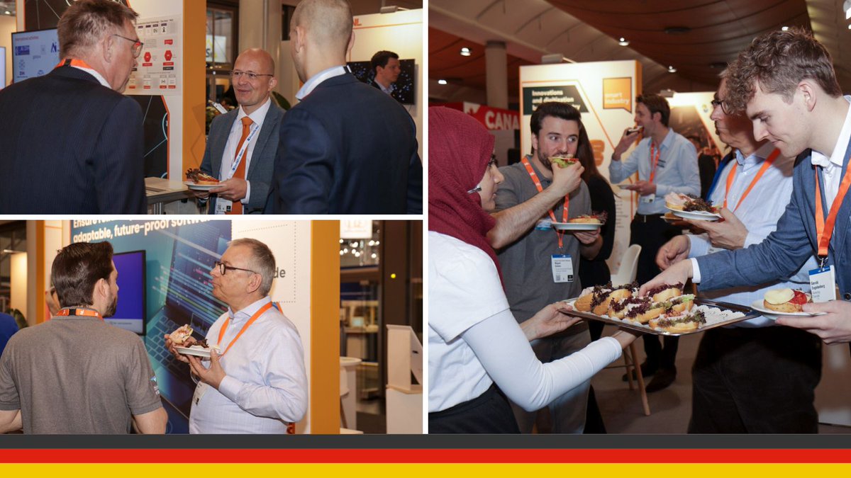 Duitse en Nederlandse ondernemers in gesprek tijdens de networking lunch op het Holland High Tech Paviljoen.
