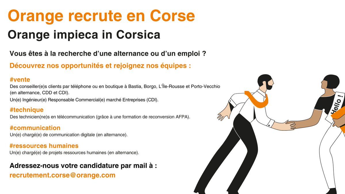 ✨[ #Emploi] Orange recrute 🟧 Orange impieca
Conseiller(e)s clients, technicien(ne)s, chargé(e) de projets #communication digitale ou #RH : il y a sans doute une opportunité pour vous. Adressez-nous vos candidatures 👉 recrutement.corse@orange.com