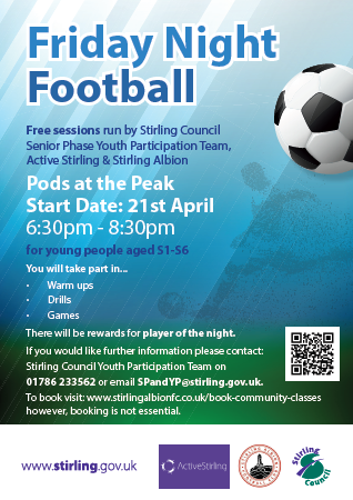 ⚽️ NEW YOUTH PROVISION ⚽️
Are you in S1-S6?
Looking for something to do on a Friday night?
Pre sign up not essential but if you can use the QR Code to do so
<a href="/ActiveSchoolStg/">Stirling Active Schools 🏳️‍🌈</a> @SSF_2000 <a href="/stirlingsecond1/">Secondary Schools in Stirling</a> <a href="/Stirlingalbion2/">Stirling albion</a>  
Why not come join us ⬇️