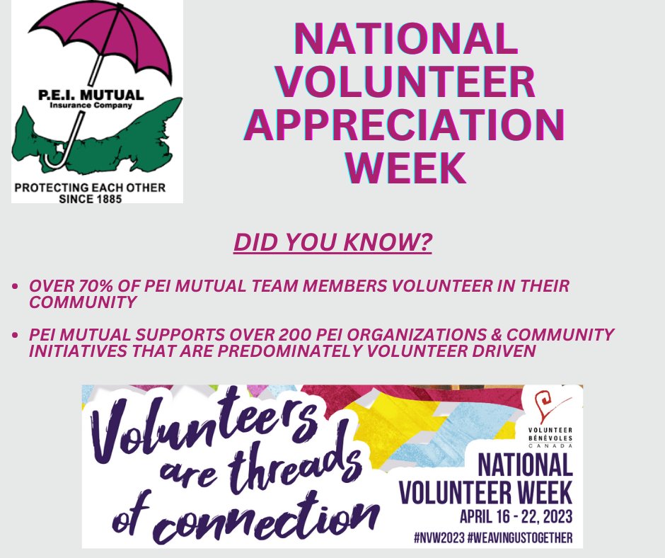 This week we join in celebrating #NationalVolunteerWeek! PEI Mutual Team members are active volunteering in their #PEI communities. #CommunityImpact #BestPlacetoWork #NVW2023 #WeavingUsTogether
