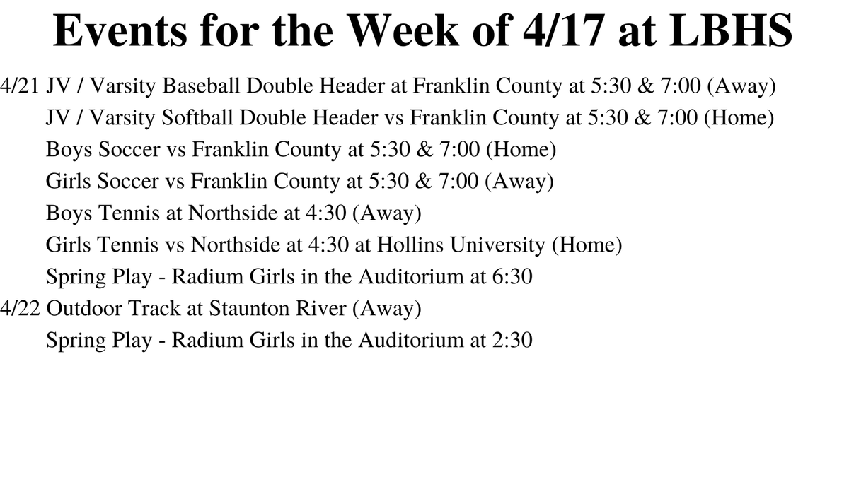 Events for this week <a href="/LBHS_Cavaliers/">Lord Botetourt High</a> <a href="/LBSoftball2021/">Botetourt Softball</a> <a href="/LBCavsBaseball/">LBCavsBaseball</a> <a href="/LBHSBoysSoccer/">LBHS Boys Soccer</a>