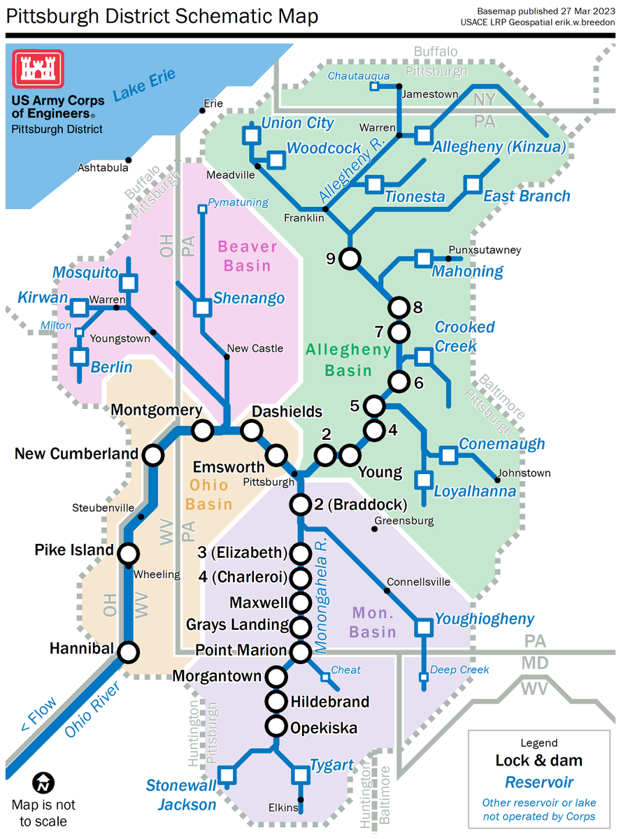 PittsburghUSACE's tweet photo. #MapMonday Behold, a subway map view of the #PittsburghDistrict. The black and white dots are locks and dams. The blue squares are flood risk management reservoirs. Finally, the district is colored by major watershed. https://t.co/dSpW33GGuG