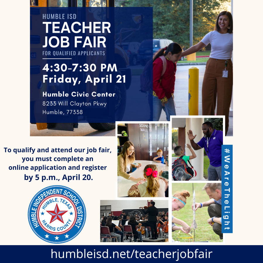 🌟Come and join the #HumbleISDFamily! To qualify and attend the #HumbleISD Teacher Job Fair, complete an online application &amp; register by 5 pm this Thursday, April 20, at humbleisd.net/teacherjobfair. The Job Fair will be held from 4:30-7:30 pm on April 21, at the Humble Civic Center.