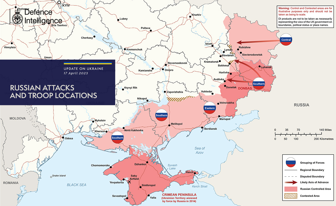 Ministry of Defence 🇬🇧 on Twitter: "The illegal and unprovoked invasion  of Ukraine is continuing. The map below is the latest Defence Intelligence  update on the situation in Ukraine – 17 April