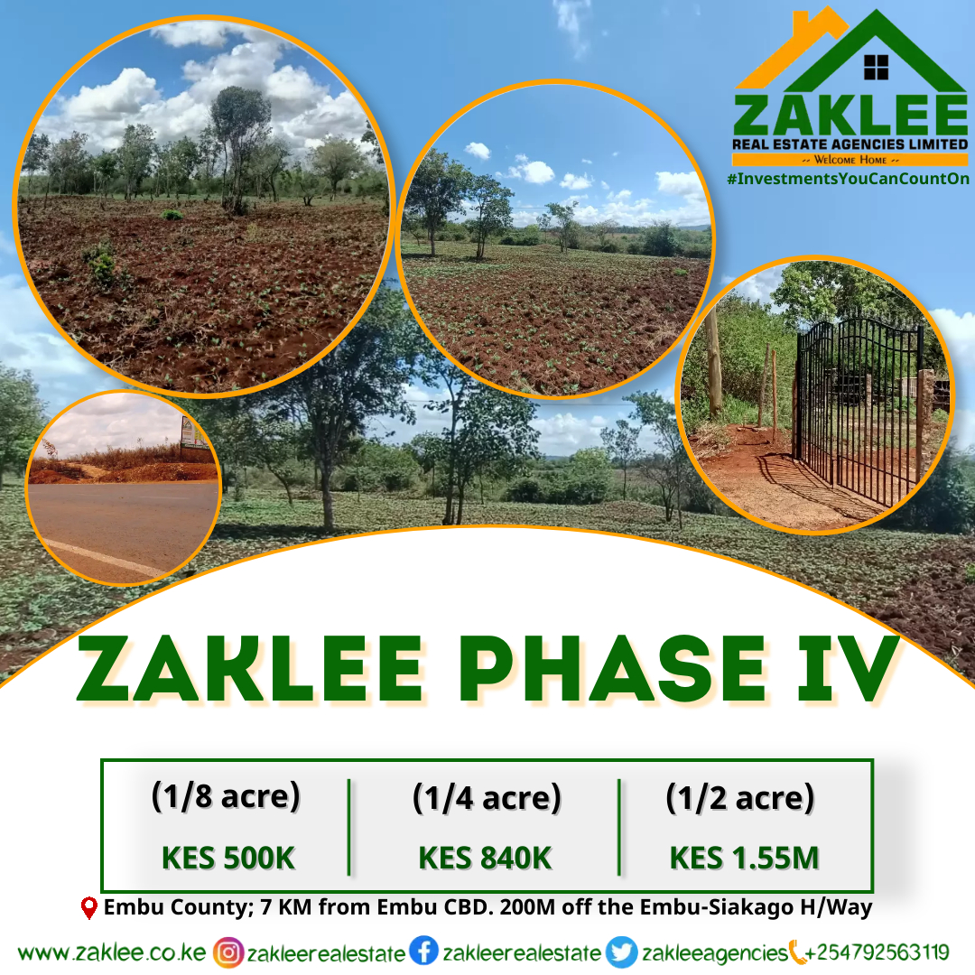 Introducing #ZakleePhaseIV

Our latest addition to the multiple #investmentopportunities that we have for you in #embu county the #landofopportunities

Book your spot for our #freesitevisit happening every #wednesday &amp; #saturday

#InvestmentsYouCanCountOn

zaklee.co.ke