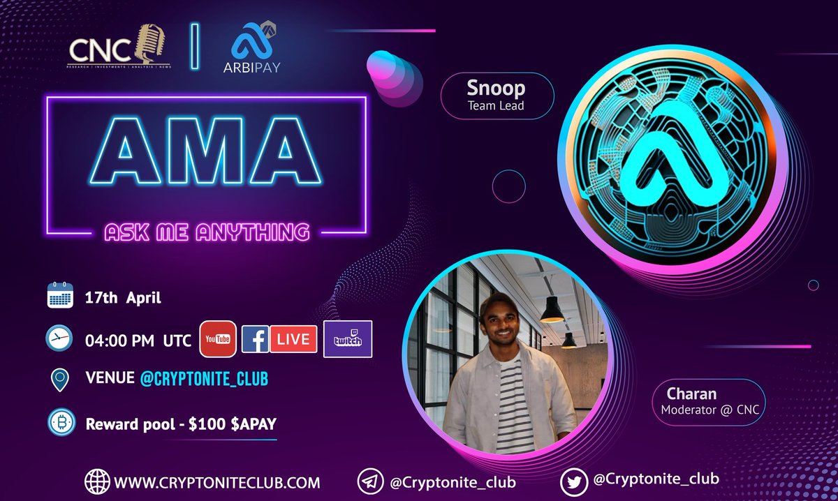 GM $APAY friends! Our AMA session with <a href="/Cryptonite_club/">CryptoNite Club</a> is live in less than 2 hours. We're excited and look forward to seeing you there! #Arbitrum