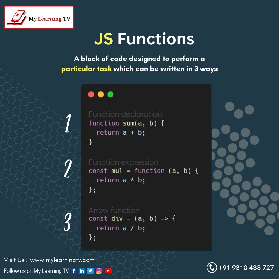 MyLearningTV's tweet image. JS Functions: 👇

A block of code designed to perform a particular task which can be written in 3 ways.
-
All the trainers can register-MyLearning TV
Follow us on My Learning TV
Contact us for more information: +91 93104 38727

#JSfunctions #basics #online #teaching #mylearningtv