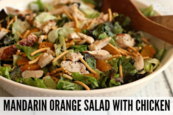Enjoy this Mandarin Orange Salad with Chicken in no time at all when you use store-bought rotisserie chicken. The sweetness from the mandarin oranges and crunch from the slivered almonds make it a super kid-friendly Asian-inspired salad! jugglingactmama.com/mandarin-orang… #jugglingactmama