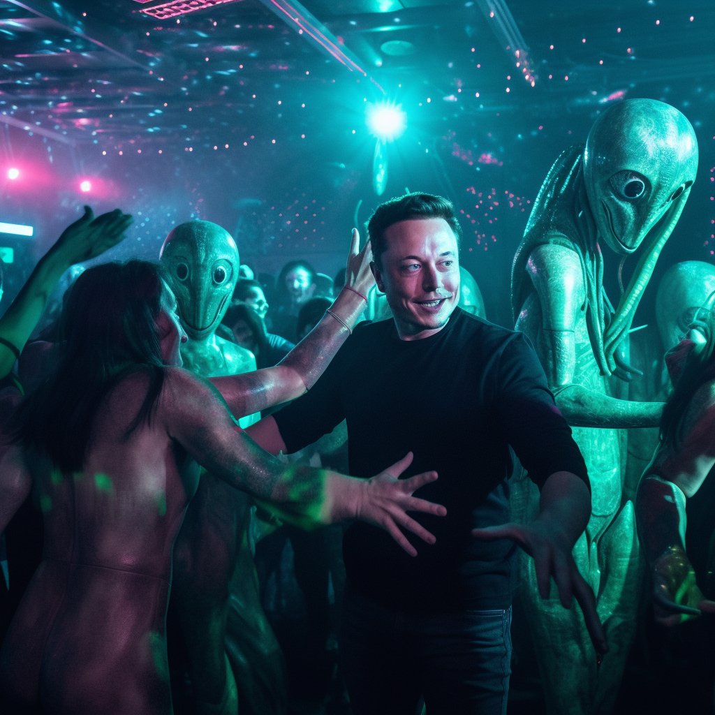 ManasbhatiaD's tweet photo. We always knew Elon Musk @elonmusk was a visionary, but partying with aliens on Mars? That's next level. See the amazing #midjourney AI-generated images for yourself. #visionary #aliens #SpaceX #elonmusk #ai https://t.co/op7iqF4L8I