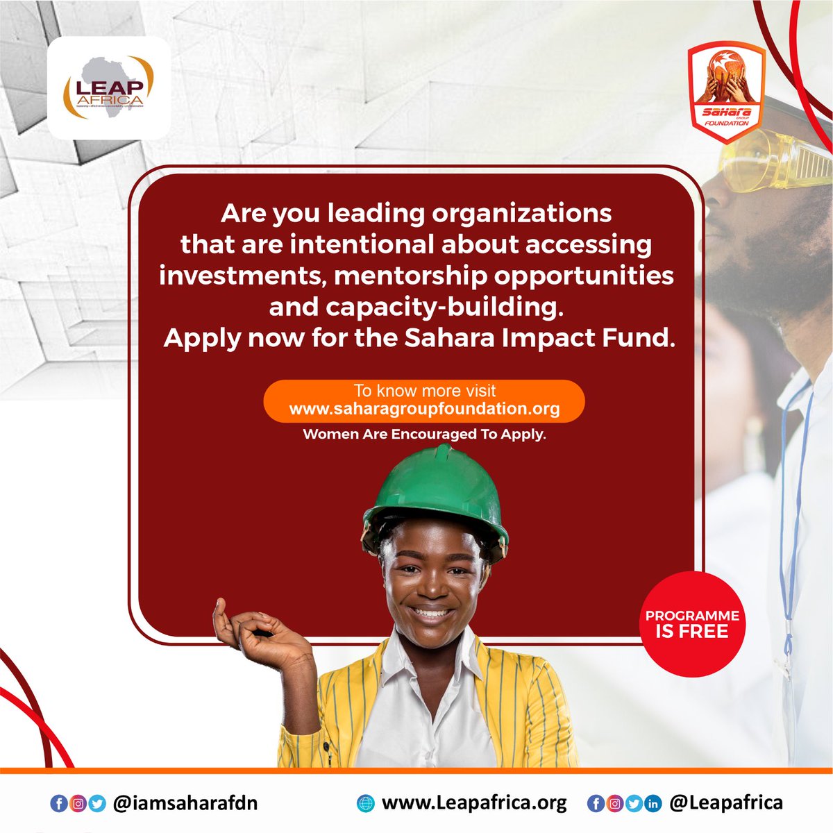 Are you leading organizations that are intentional about accessing investments, mentorship opportunities and capacity-building?

Apply now for the Sahara Impact Fund ➡️ bit.ly/3MOVnYS