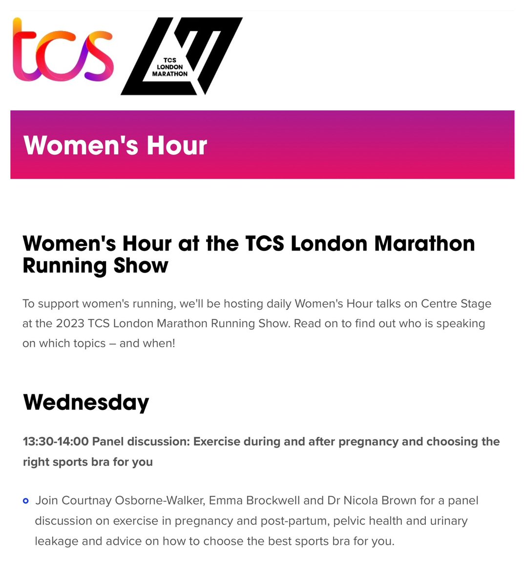 Looking forward to sharing the stage with @emma_physiomum and Courtnay Osbourne-Walker at this years @LondonMarathon running show to talk all things women’s health #running #tcslondonmarathon #breasthealth #pelvichealth #sportsbras