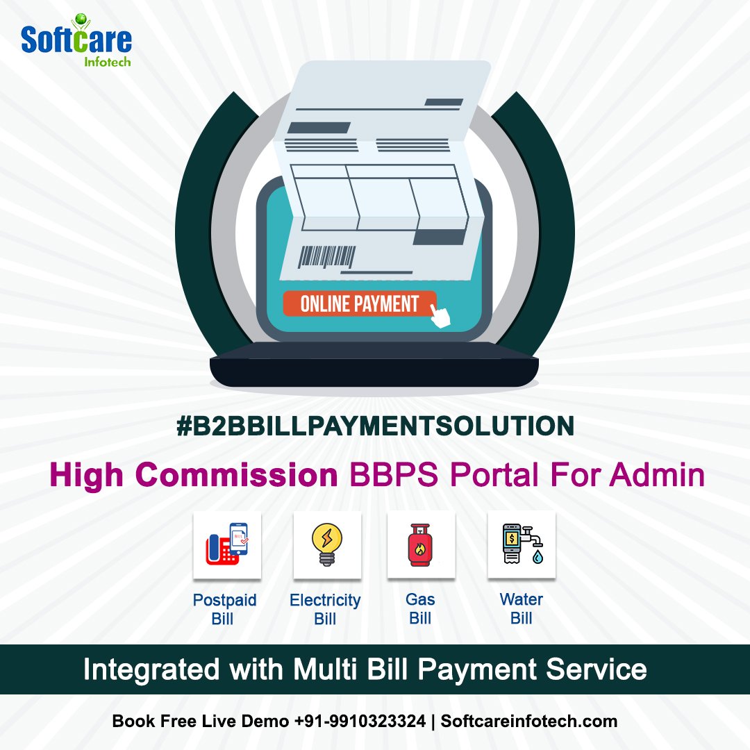 softcareinfotec's tweet image. Get Fully Customized & Highly Secured BBPS Service Portal at a affordable Price.
For a Free Demo Call -+91-9910323324
Book demo Now:- bit.ly/3FTl9rt
#bbps #bbpsbillpay #bbpsapi #billpayment #api #billpayapi #onlinebillpayment