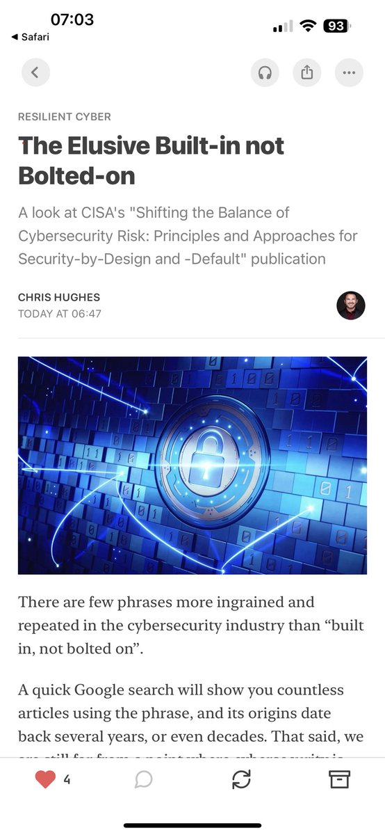 The Elusive Built-in not
Bolted-on
A look at CISA's "Shifting the Balance of
Cybersecurity Risk: Principles and Approaches for Security-by-Design and -Default" publication via ⁦<a href="/ResilientCyber/">Christopher Hughes</a>⁩