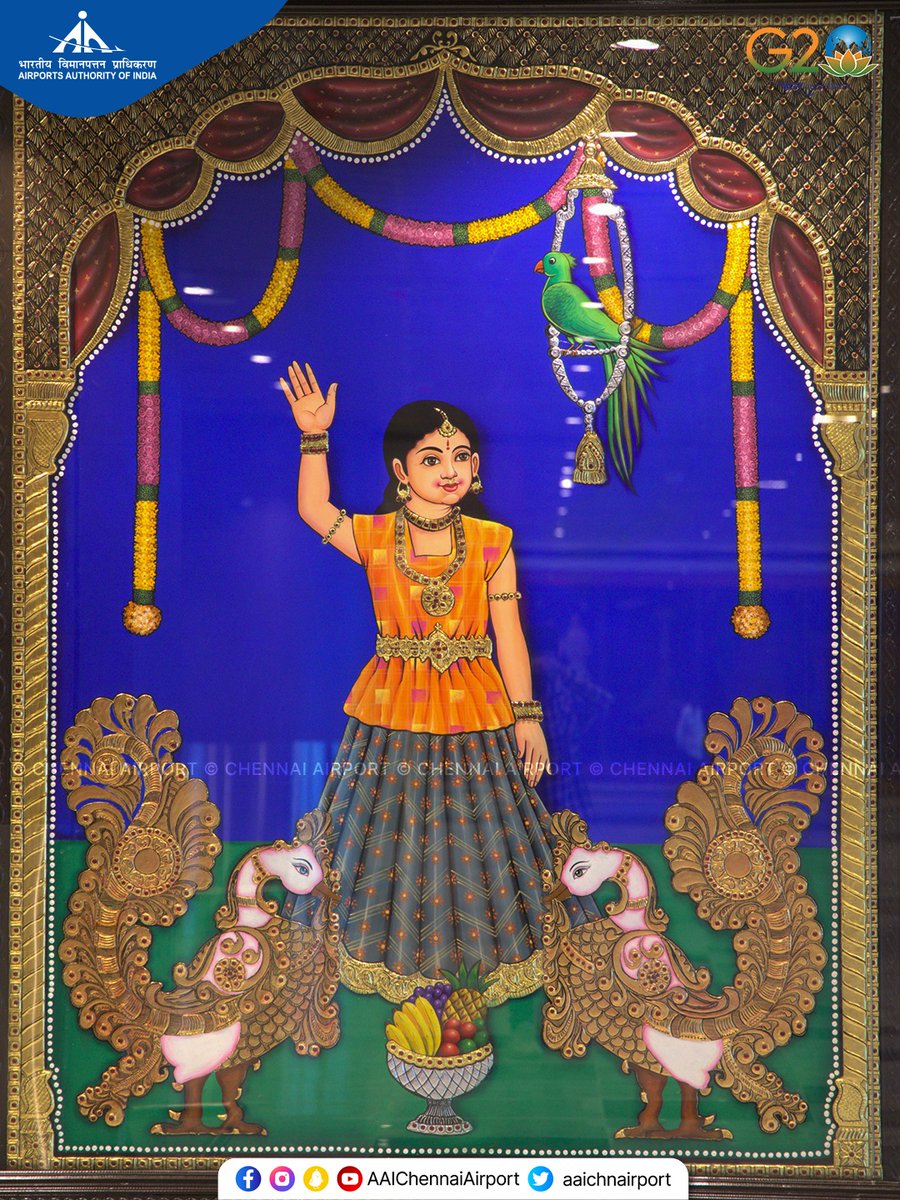 aaichnairport's tweet photo. Thanjavur painting is a captivating ancient South Indian art form treasured for its historical and cultural significance. Renowned for being crafted with gold foils and precious stones, these paintings give off a regal feel. 

#ChennaiAirport #NewTerminal #Vocal4Local https://t.co/auUsz5xZtU