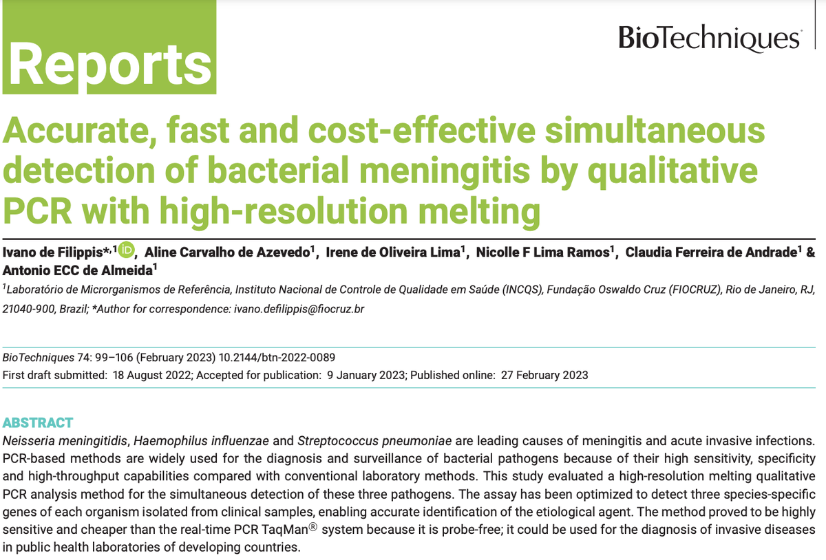 MyBioTechniques's tweet image. 🧪🚨 New Publication Alert 🚨🥼 

Researchers have published a high-resolution melting qualitative #PCRAnalysis method for the simultaneous detection of Neisseria meningitidis, Haemophilus influenza, and Streptococcus pneumoniae  
#PCR 

bit.ly/3lx2CsW
