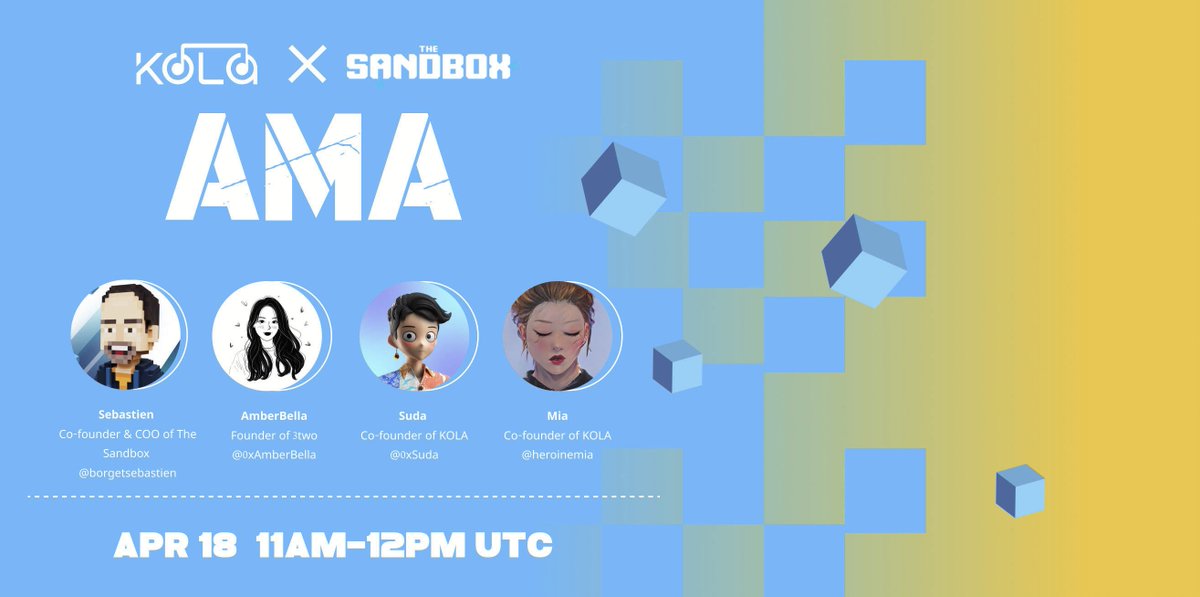 Join us tomorrow for our AMA with <a href="/0xKola/">KOLA</a>, as we dive deeper into the innovation and story behind the creation of KOLA and their integration into The Sandbox

Attention: crucial details and gifts will be revealed during the session. Will you be among the first ones to hear it?