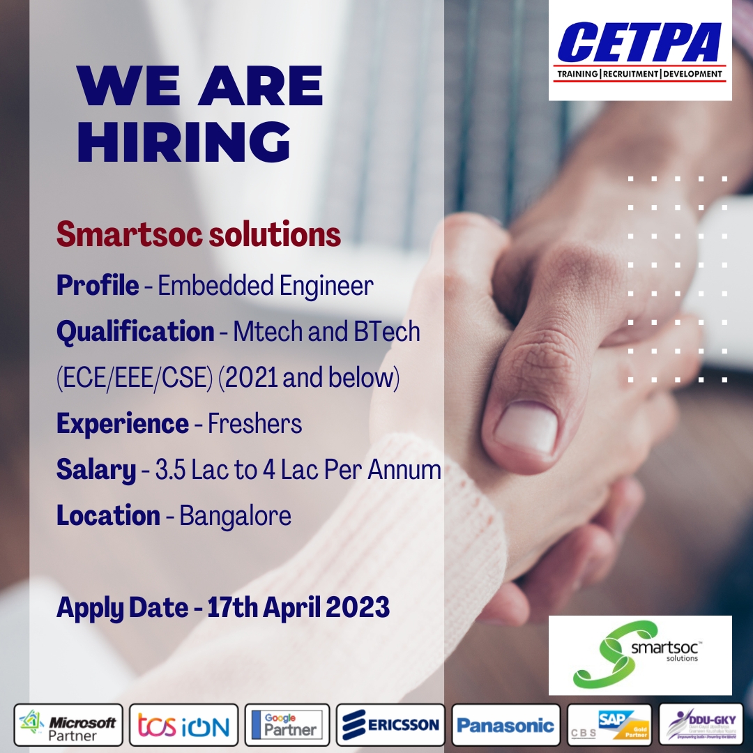cetpainfo's tweet image. #ONLINE RECRUITMENT DRIVE Organized by CETPA Infotech PVT LTD. for Smartsoc solutions
⇒Job Profiles: Embedded Engineer
⇒Qualification: M.Tech, B.Tech
🔗 Apply Now: bit.ly/3L4OUr8
#cetpainfotech #embeddedengineer #support #engineer