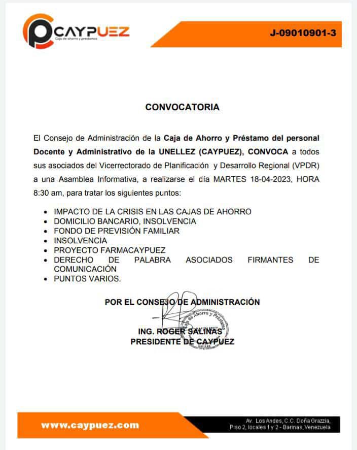 CAYPUEZ's tweet photo. Se extiende la convocatoria a los asociados del #VPDR de la #UNELLEZ a una Asamblea Informativa.
Lugar: Aula de posgrado.
Fecha: Martes 18/04/2023
Hora: 08:30 am
¡Asiste! https://t.co/s91hs1MGpk