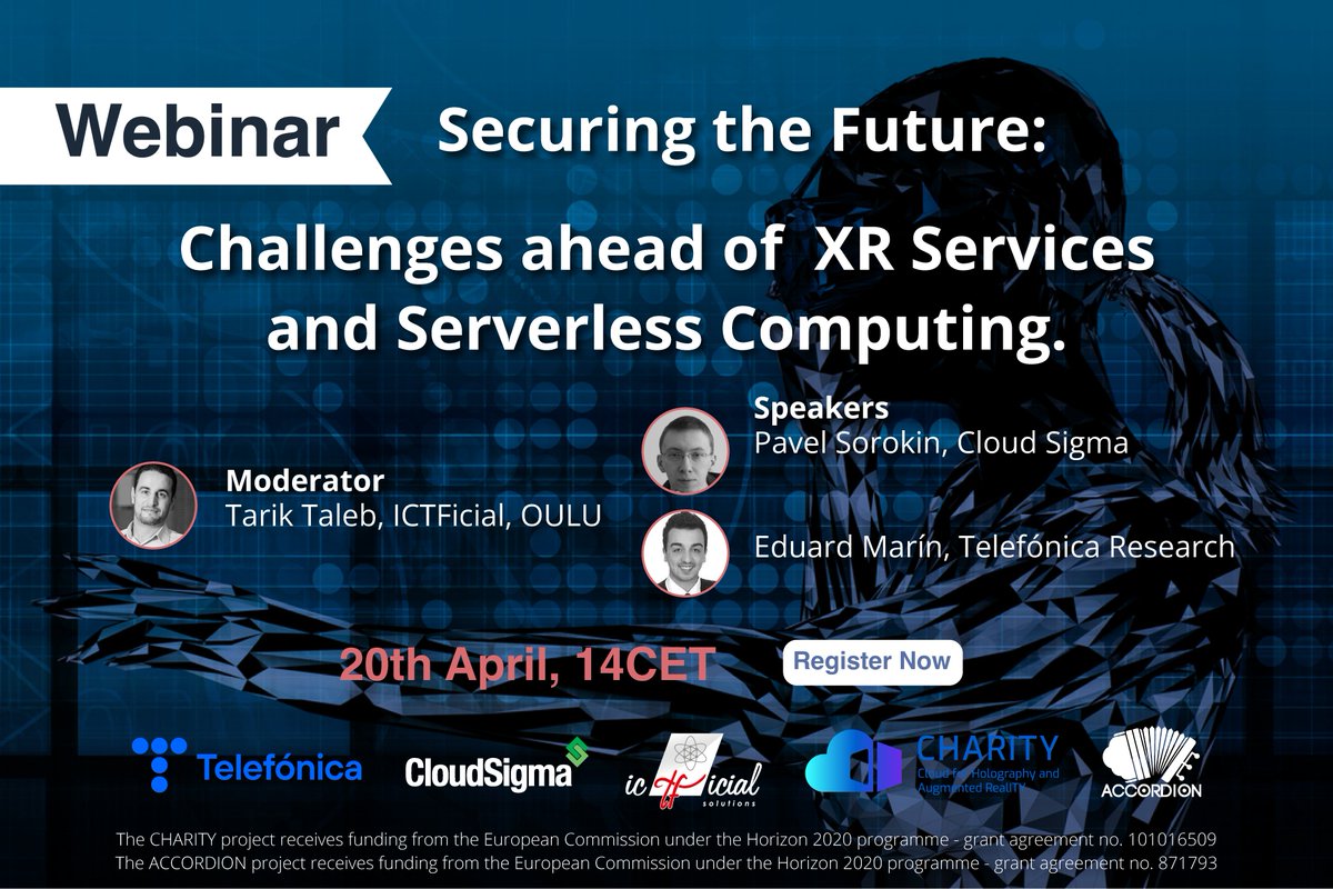 accordion_h2020's tweet image. Excited to announce our upcoming #webinar on April 20th! Join us! Experts from #ACCORDION and #CHARITY projects will discuss the crucial role of security and the challenges it poses in #XR services. Don&apos;t miss out! 
Register now 👇
bit.ly/3mMfTyp