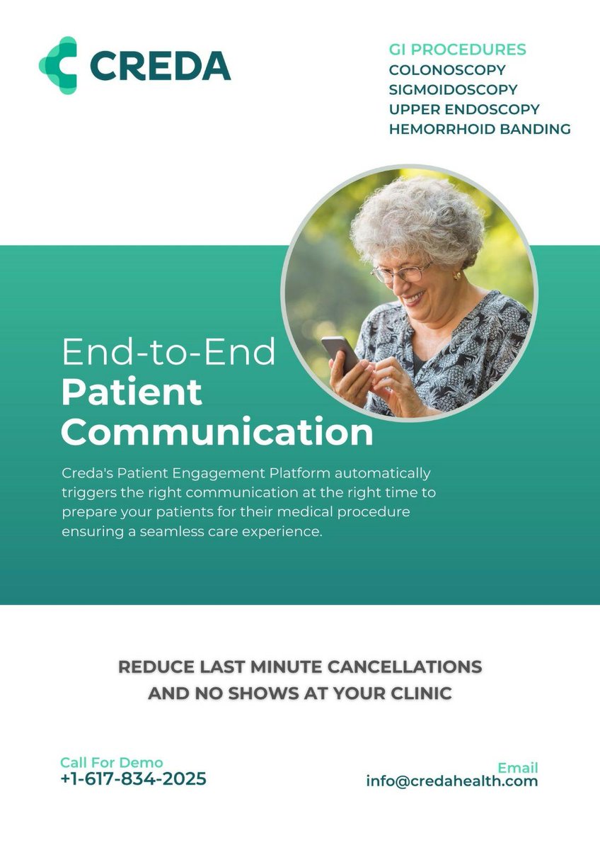 CredaHealth's tweet photo. According to a study in the Journal of Clinical Gastroenterology, cancellation rates have been on the rise in recent years.
Creda Health's "Patient Engagement Platform" provides GI clinics with a comprehensive solution for engaging patients throughout their healthcare journey. https://t.co/6RoiSJDLyk