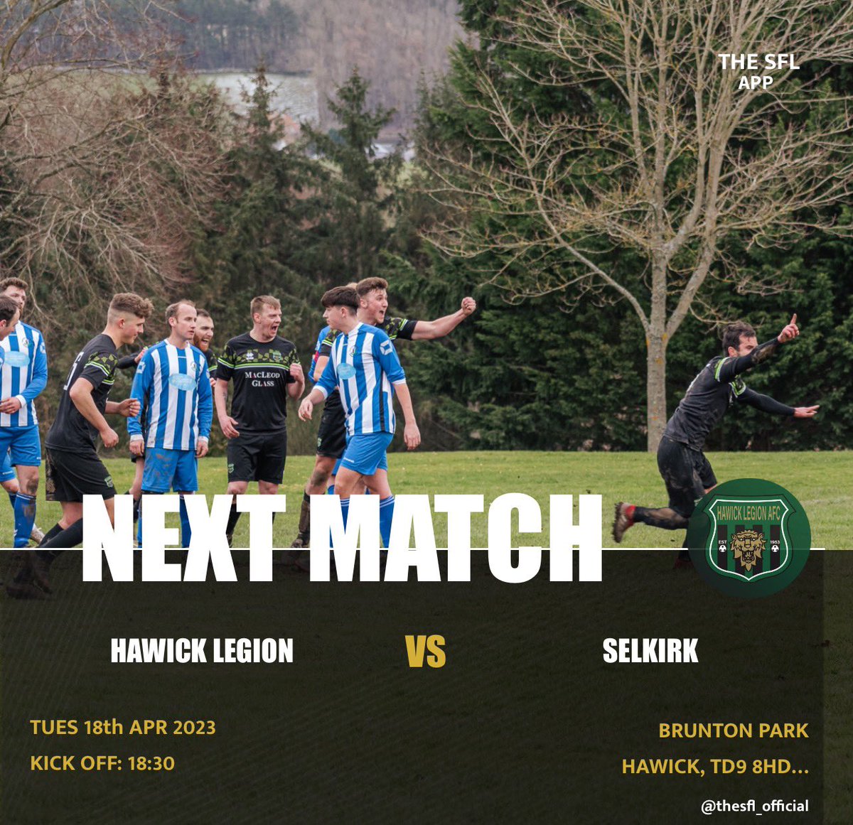 ⚽️Tuesday’s Fixture⚽️

📆 - Tuesday 18th April  
🏆 -  Border Am ‘B’ Division      
🆚 - Selkirk    
📍- Brunton Park, Hawick 
🕰 - 6:30PM Kick Off

💚🖤