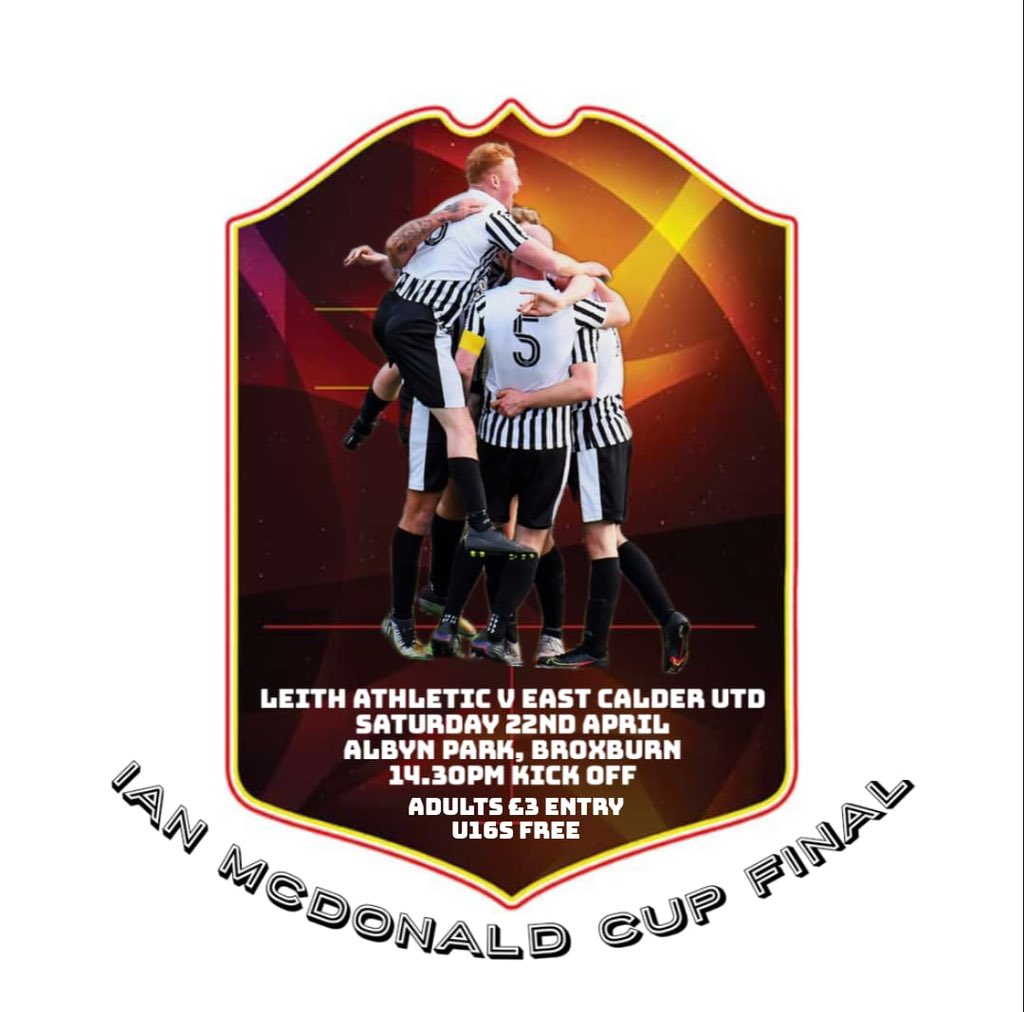 Next up ⚫️⚪️

IAN MCDONALD CUP FINAL

Our first final since our amateur team was reformed in 2020. 

We’d love to have as many people there supporting us if possible.

These players have been brilliant all season and a big crowd would help us massively ⚽️

Full details below 🏆