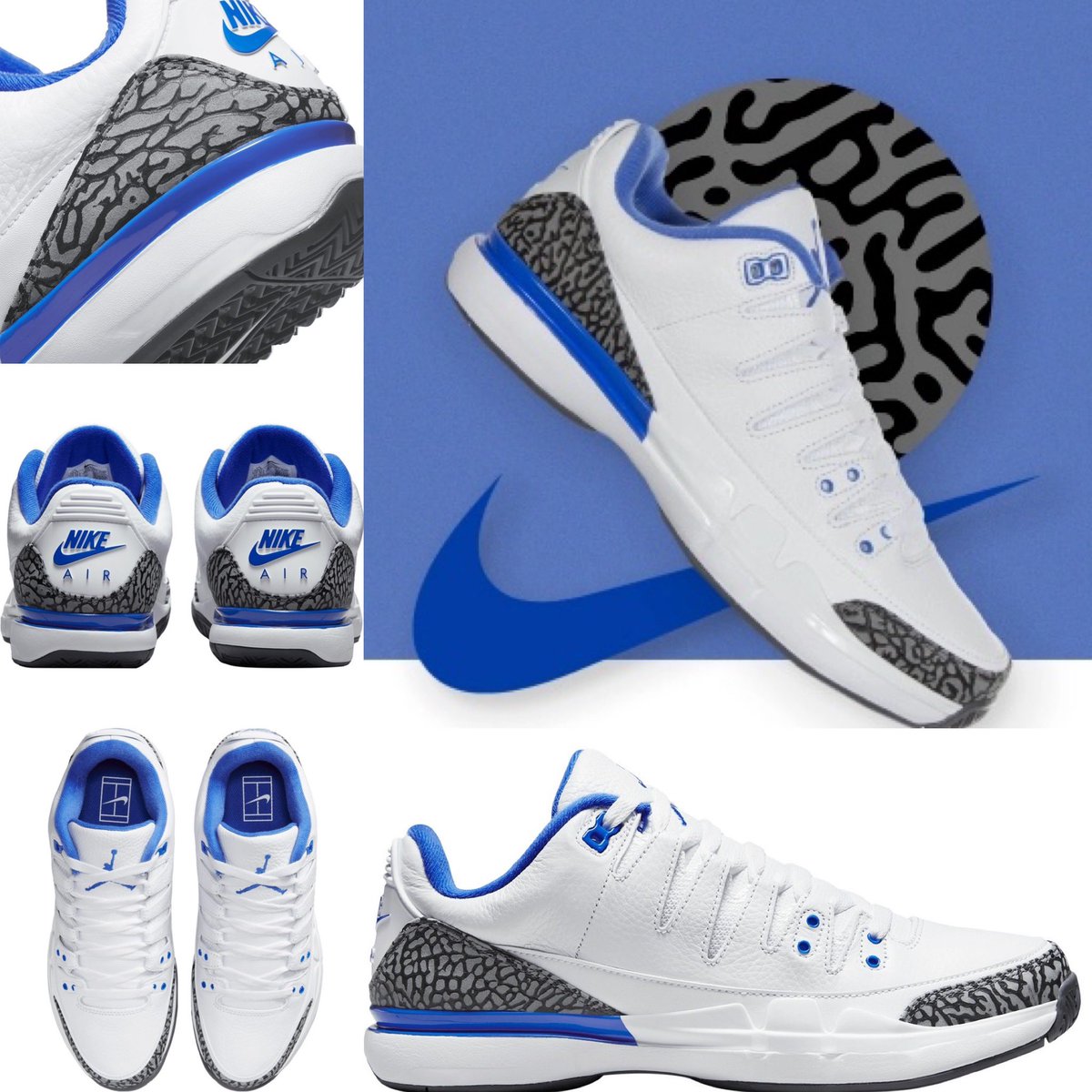 NETPadelyTenis's tweet photo. ZAPATILLAS NIKE ZOOM VAPOR 10 AIR JORDAN 3 RACER BLUE. 
�� "Elephant Print" 
🔝logotipo Nike Air en los talones y el famoso "Jumpman" en la lengüeta.

#jaén #jaénpadelytenis #tenis #netpadelytenis #outlet #outletpadel #outlettenis #tenisespaña #nike #airjordan https://t.co/trxl7xJtEh