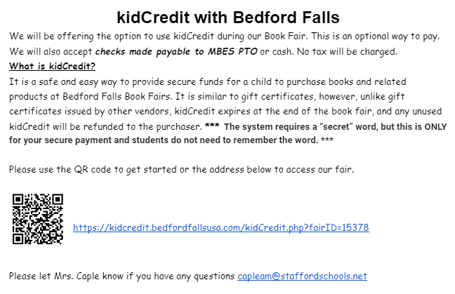 Our Book Fair started on Friday and is going through this whole week. Please see the information below if you would like to use kidCredit to provide funds for your child for the book fair. Thank you for your support!