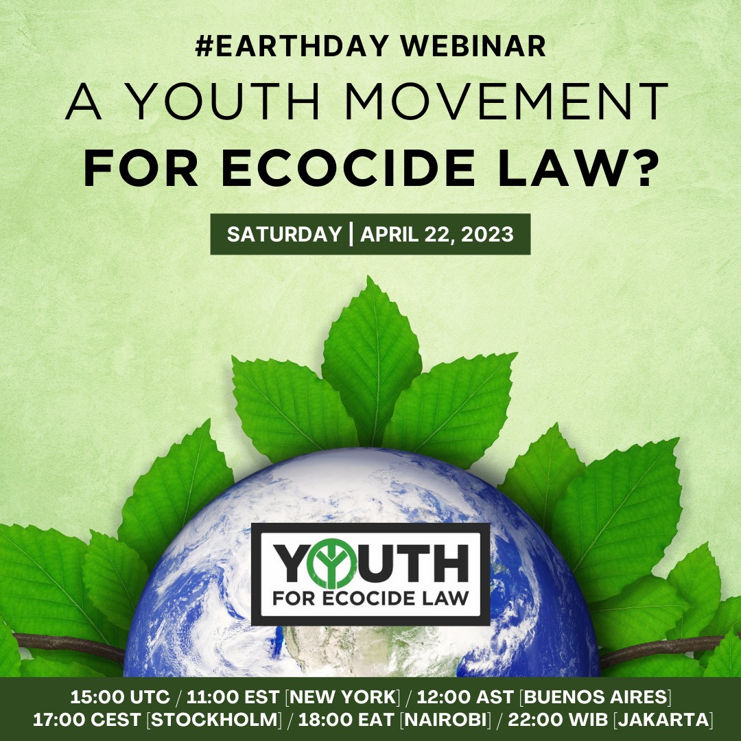 🗓 Don’t miss out! Register for this @EcocideLawYouth #EarthDay webinar TODAY: stopecocide.earth/events/a-youth… 🌏The world is facing ecological crisis + our leaders are failing to act. Young people from across the globe are frustrated & taking action. 👊 Join them. #StopEcocide