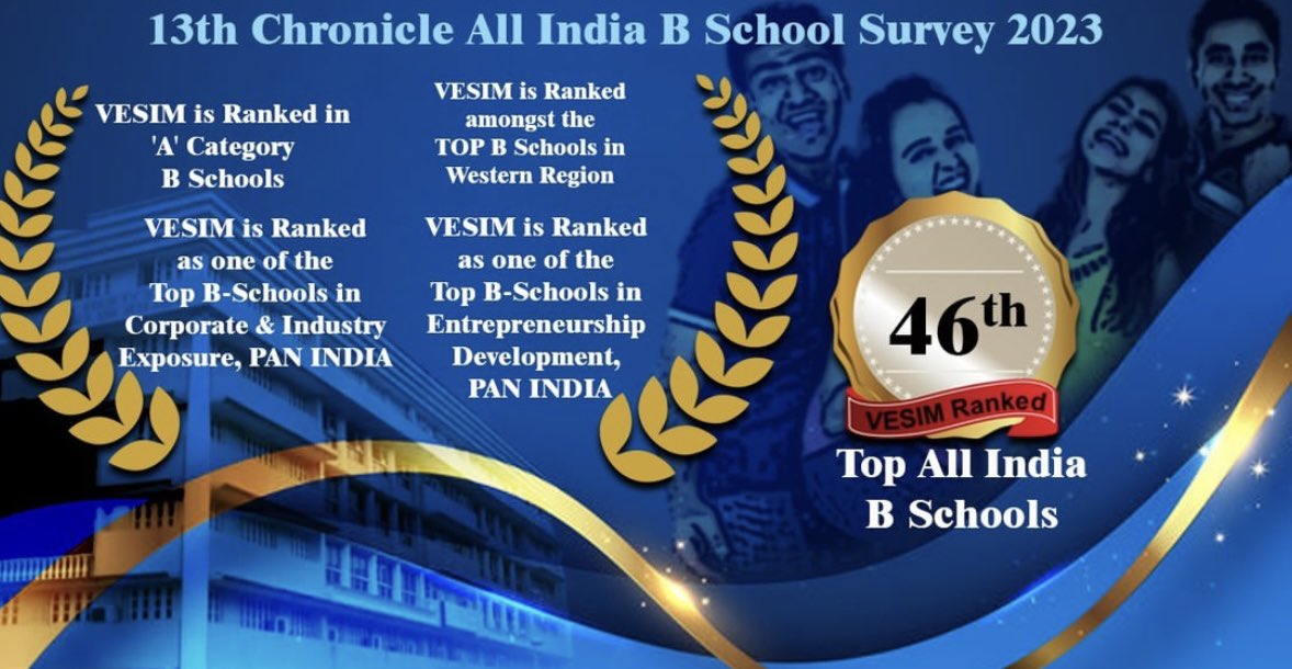Drumroll Please!!
Congratulations to team @VESIMspeaks for being ranked 46th in India with ‘A’ category among all the top B Schools across India by 13th Chronicle All India B School Survey 2023.
Share your best wishes in the comment section! 
#proudmoment #bschool #bschoolranking