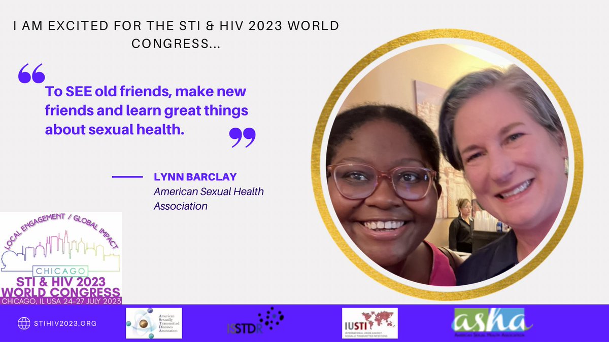 Lynn Barclay is excited for #ISSTDR #STIHIV2023 are you? Register today so that you can see old friends and learn great things!!! stihiv2023.org/registration-i… Only 98 days till #STIHIV2023 begins! @ASTDA1 @IUSTI_World @InfoASHA